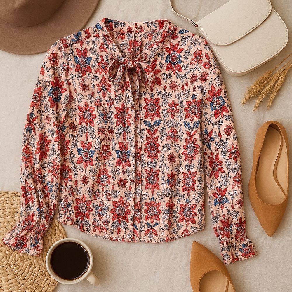 Red Camel Floral Tie-Neck Long Sleeve Blouse Size Medium